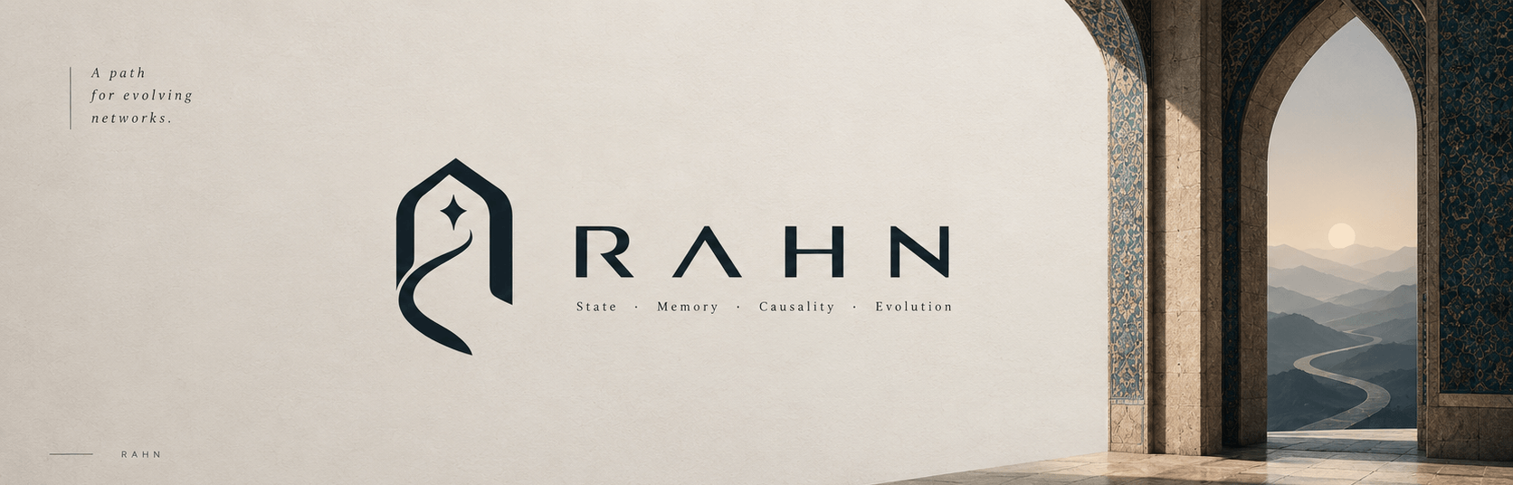 RAHN — a path for evolving networks: the arch mark and wordmark beside an arched window opening onto mountains and a winding road